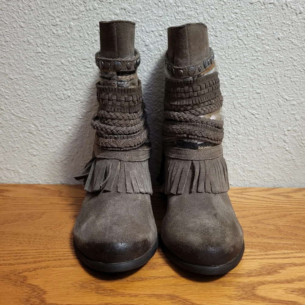 Naughty Monkey Brown Leather Fringe Poncho Heeled Booties Size 8